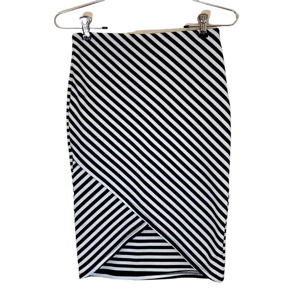 Iris Womens Pencil Straight Short Skirt M Stretch Black & White Striped Textured